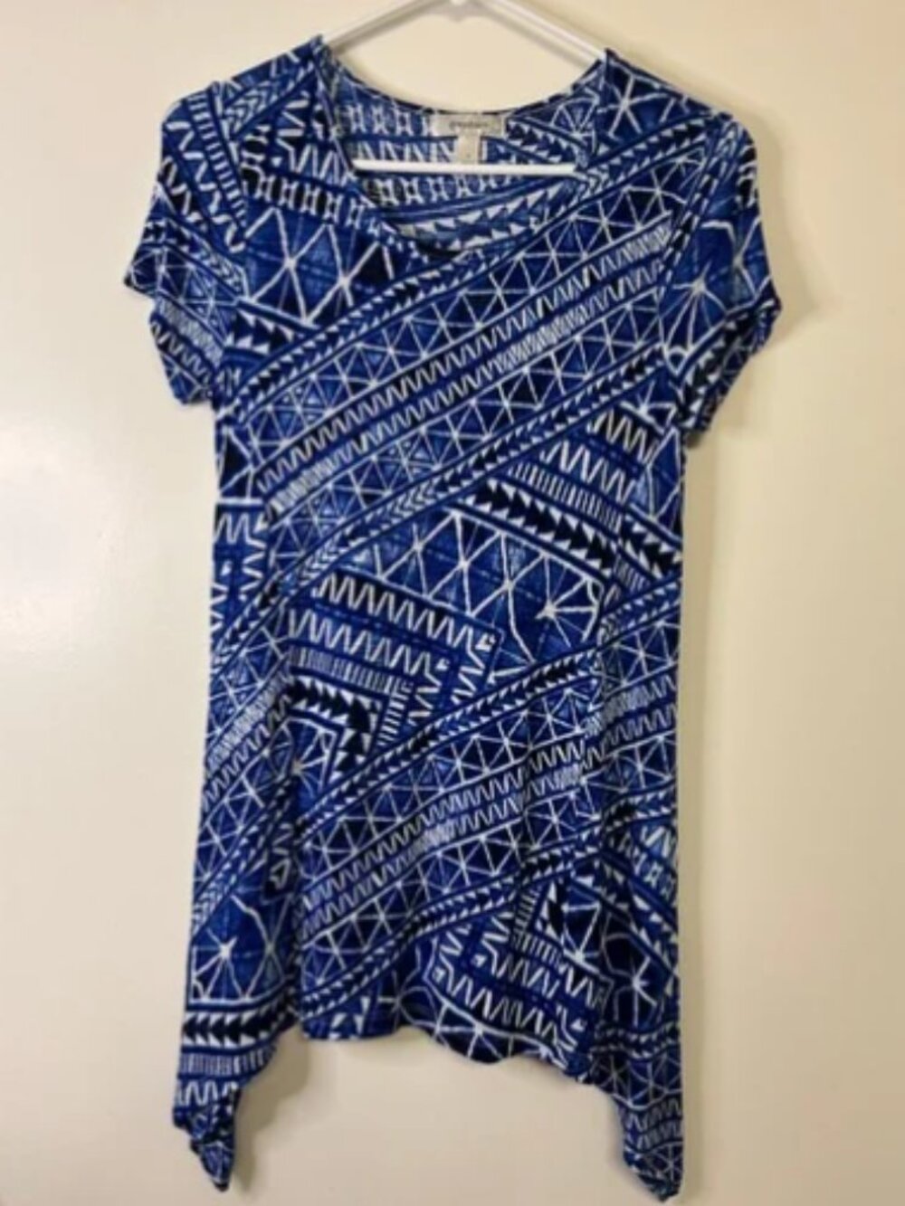 Dressbarn Blue Geometric Asymmetrical Tunic Top Size S